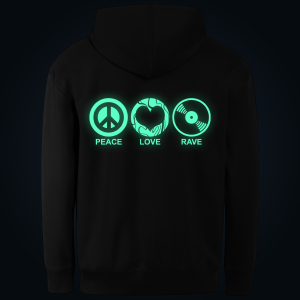 PEACE, LOVE, RAVE hoodie back print