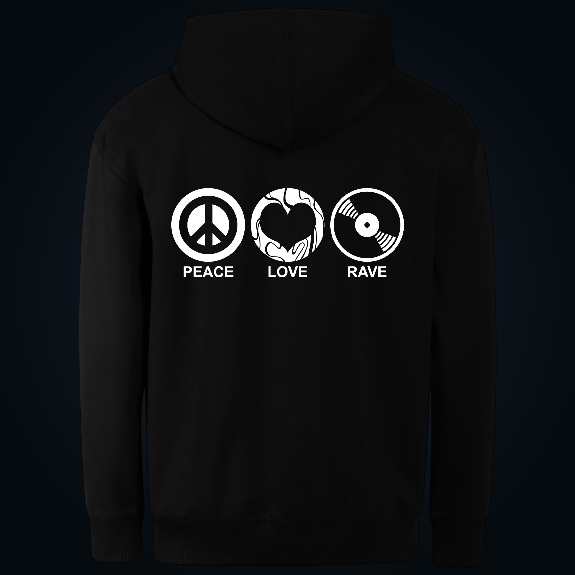 PEACE, LOVE, RAVE hoodie back print - Image 2