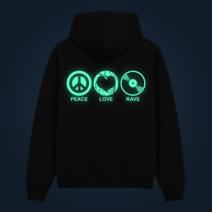 PEACE, LOVE, RAVE hoodie back print