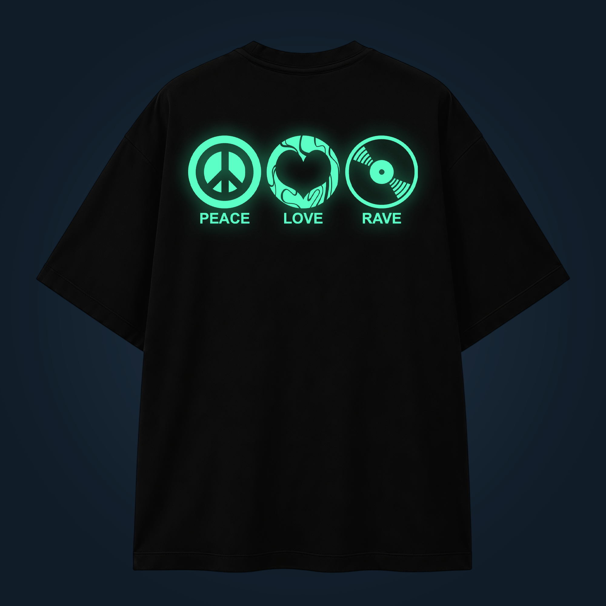 Peace, Love, Rave oversized t-shirt backprint