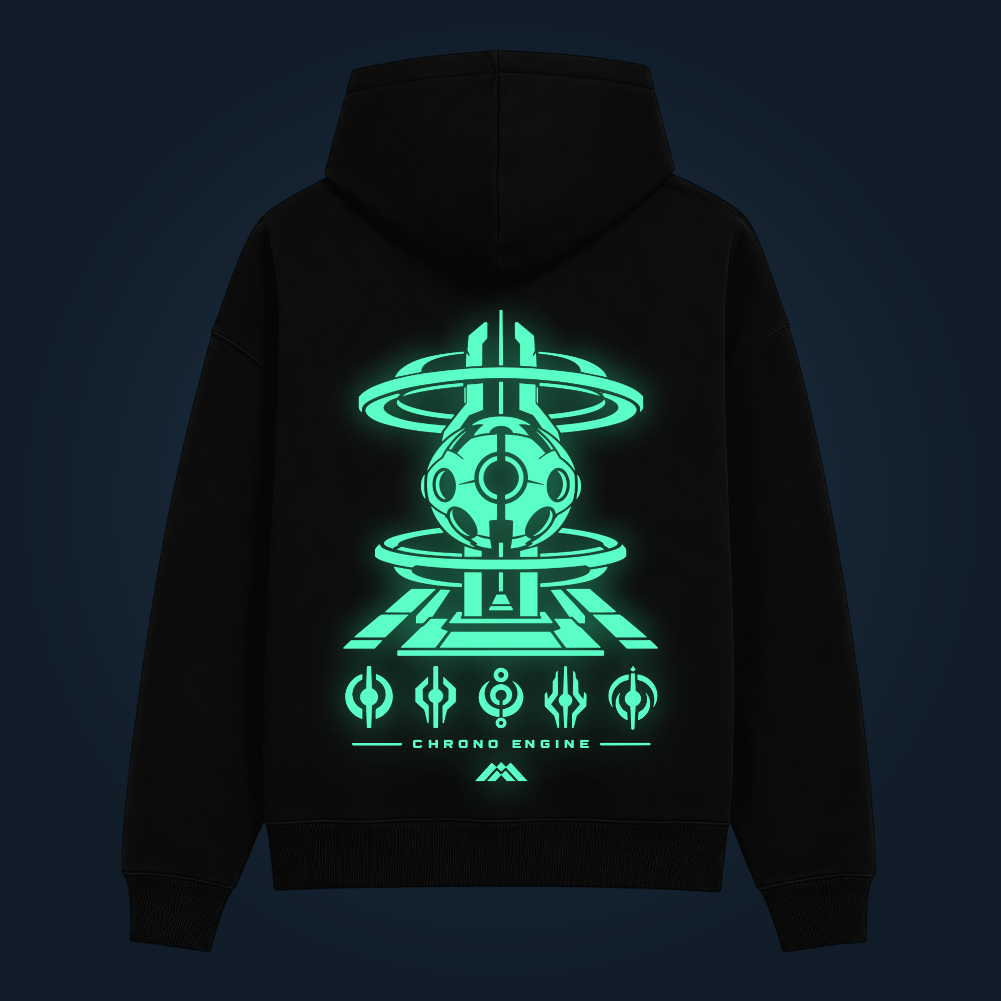CHRONO ENGINE glow in the dark hoodie with back print with green glow