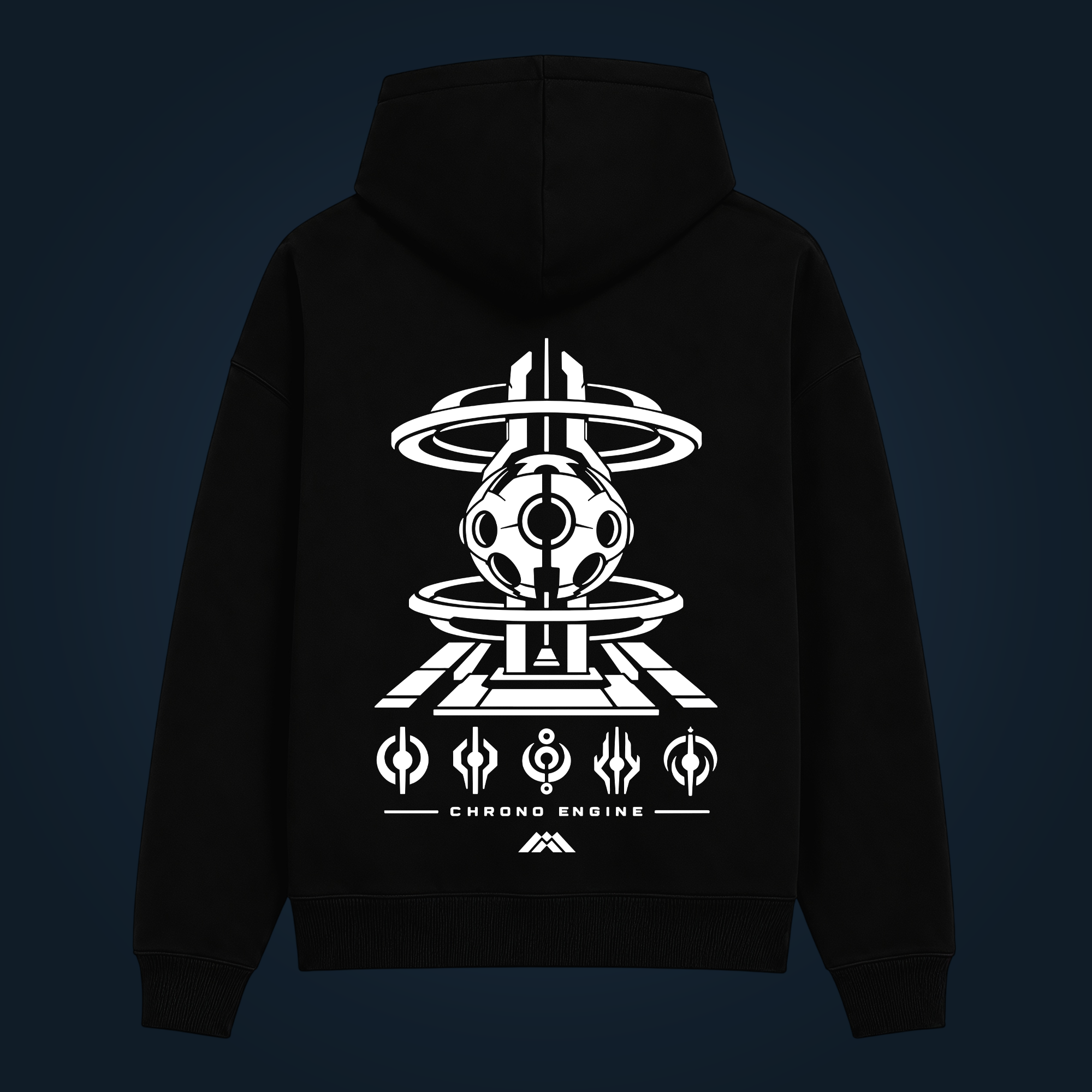 CHRONO ENGINE glow in the dark hoodie with back print shown in daylight