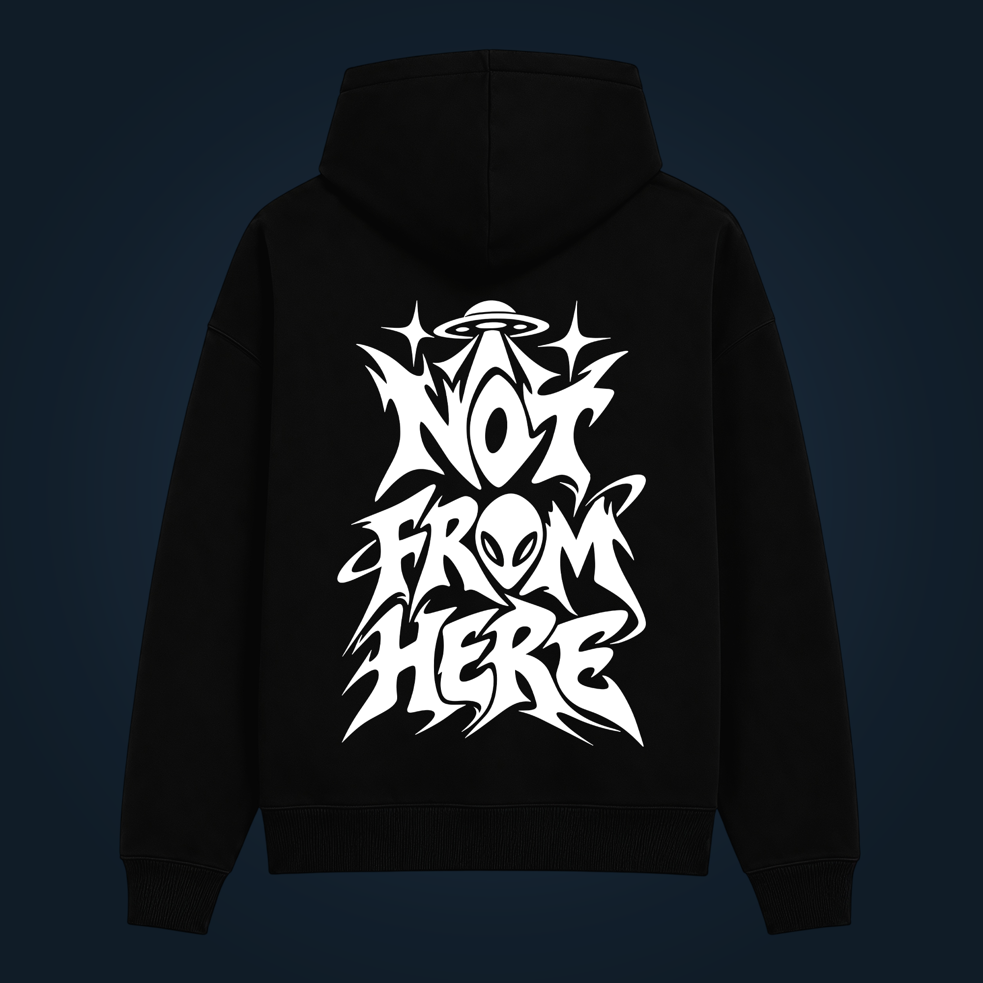 NOT FROM HERE glow in the dark hoodie with back print shown in daylight