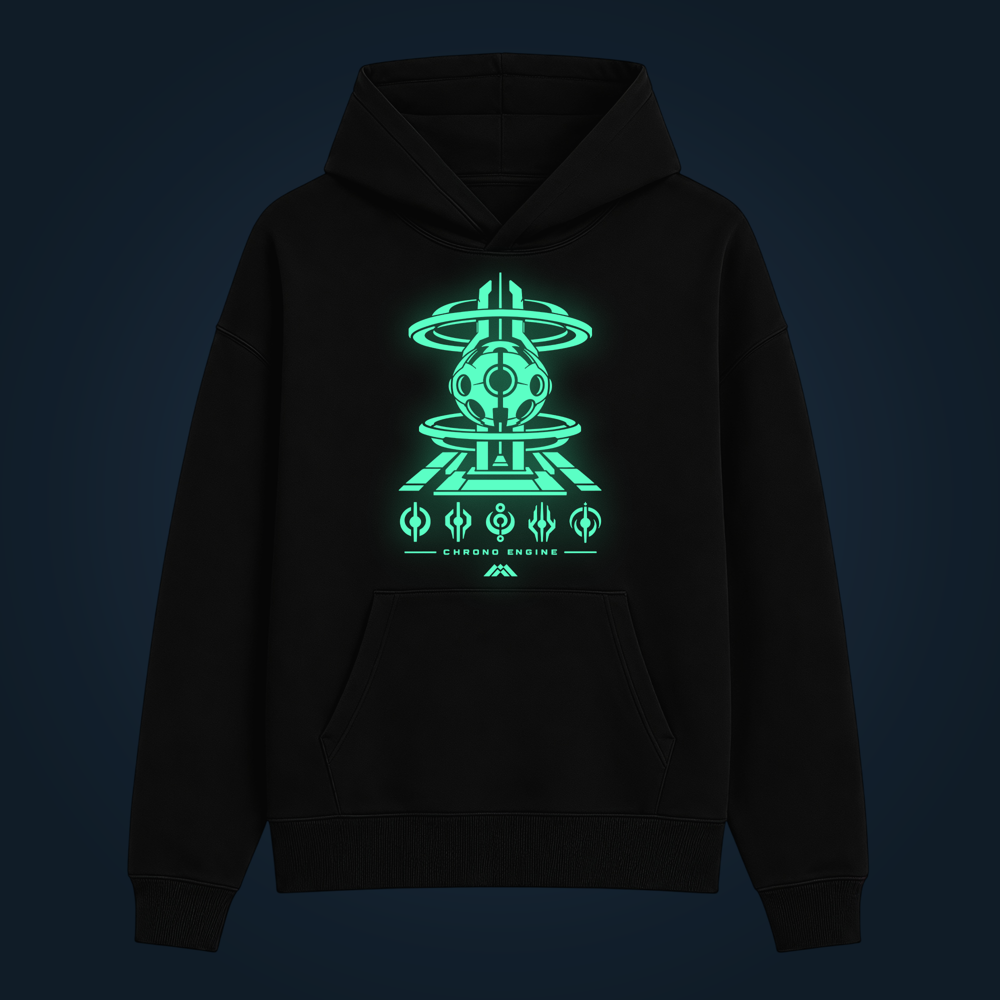 CHRONO ENGINE hoodie with front print illuminated with green glow