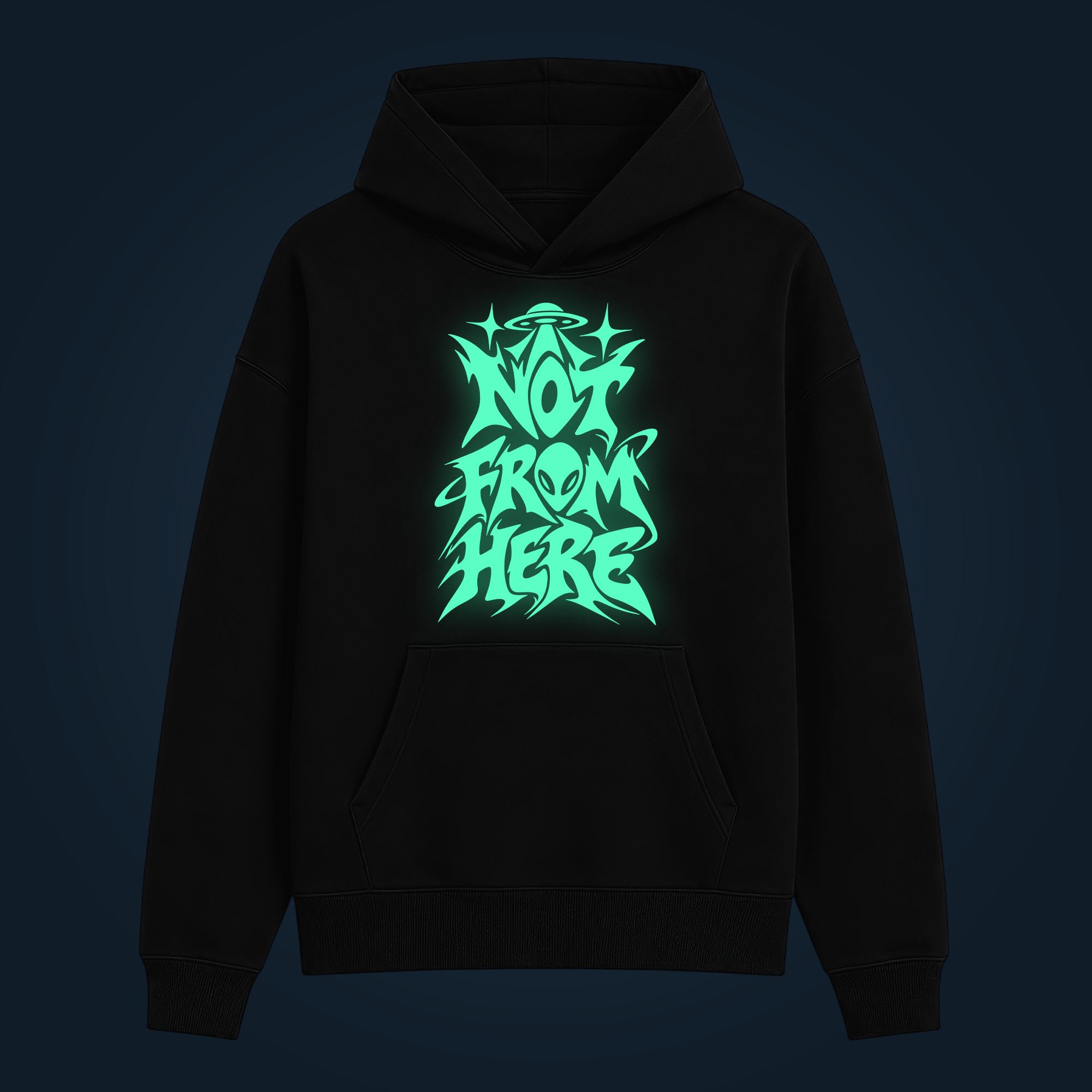 NOT FROM HERE hoodie with front print illuminated with green glow