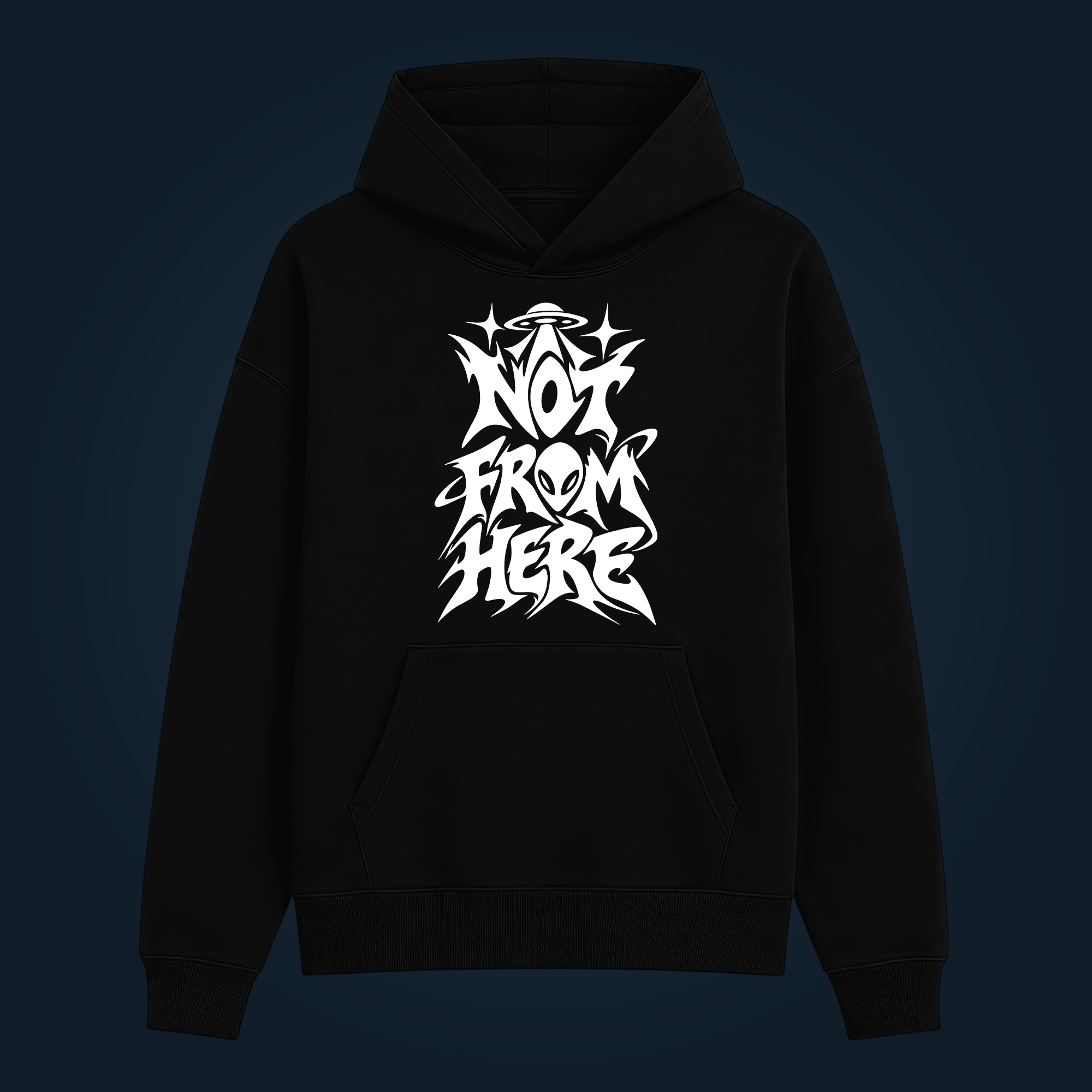 NOT FROM HERE glow in the dark hoodie with front print in normal light