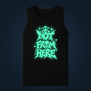 NOT FROM HERE men's tank top with front print illuminated with green glow