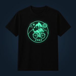 Black T-shirt featuring a glowing neon green circular design with a cyclist and mountains (1943).