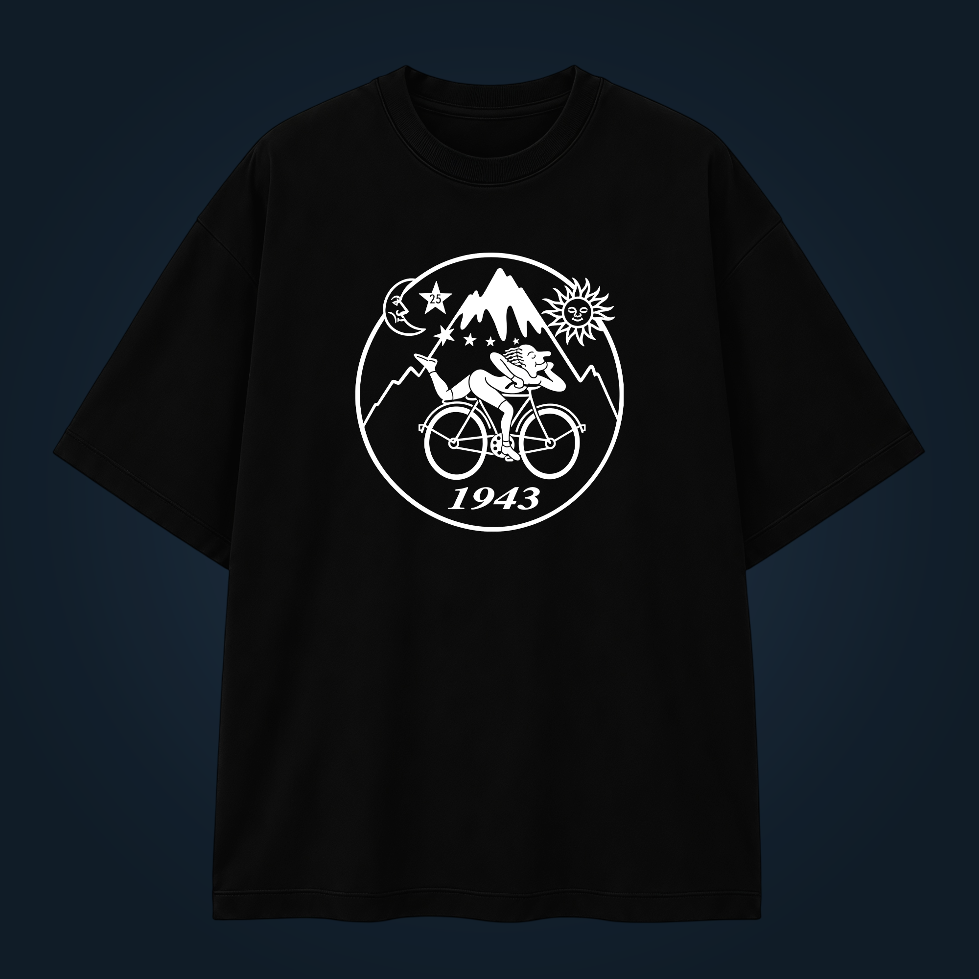 Black sweatshirt with a large white circular emblem: a mountain biker riding among mountains, sun, and stars, plus the year 1943 at the bottom.