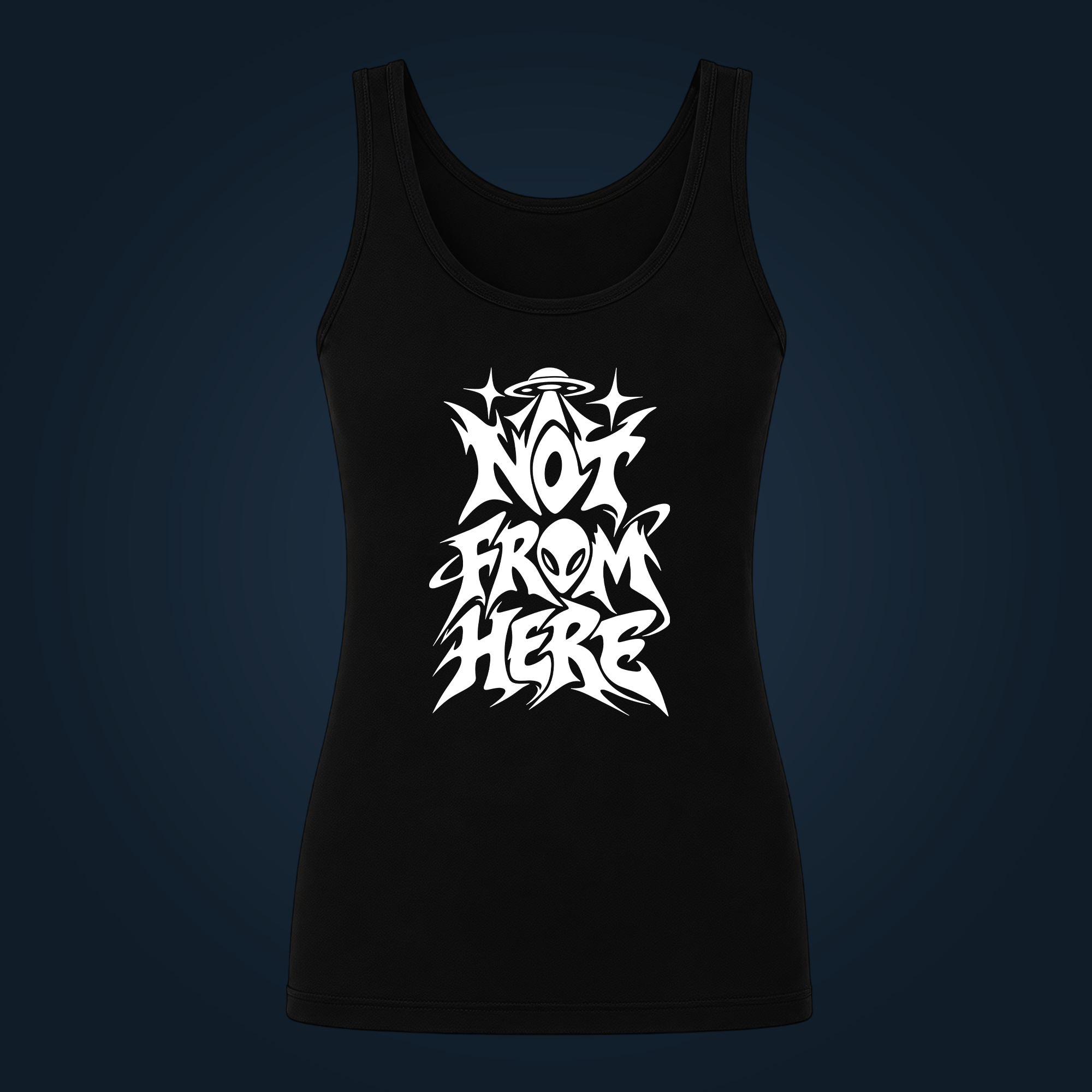 NOT FROM HERE women's tank top with front print shown in daylight before glowing