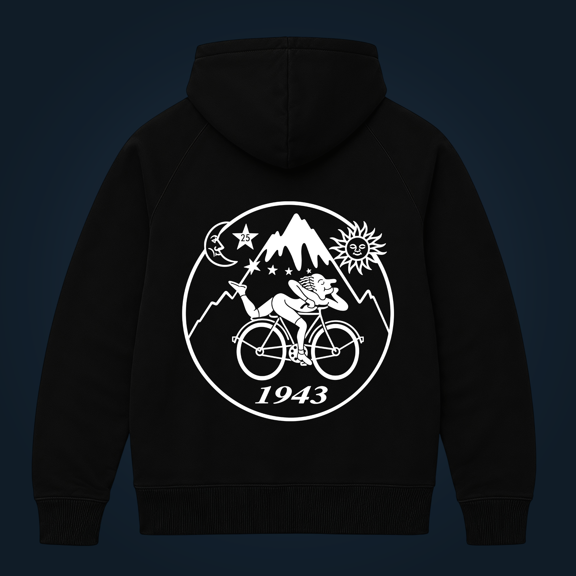 Back view of a black hoodie featuring a white circular graphic with mountains, a cyclist, sun, and the year 1943 at the bottom.