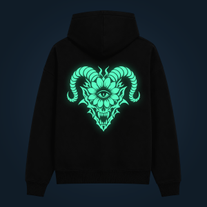 DARK BLOOM hoodie with back print illuminated with green glow