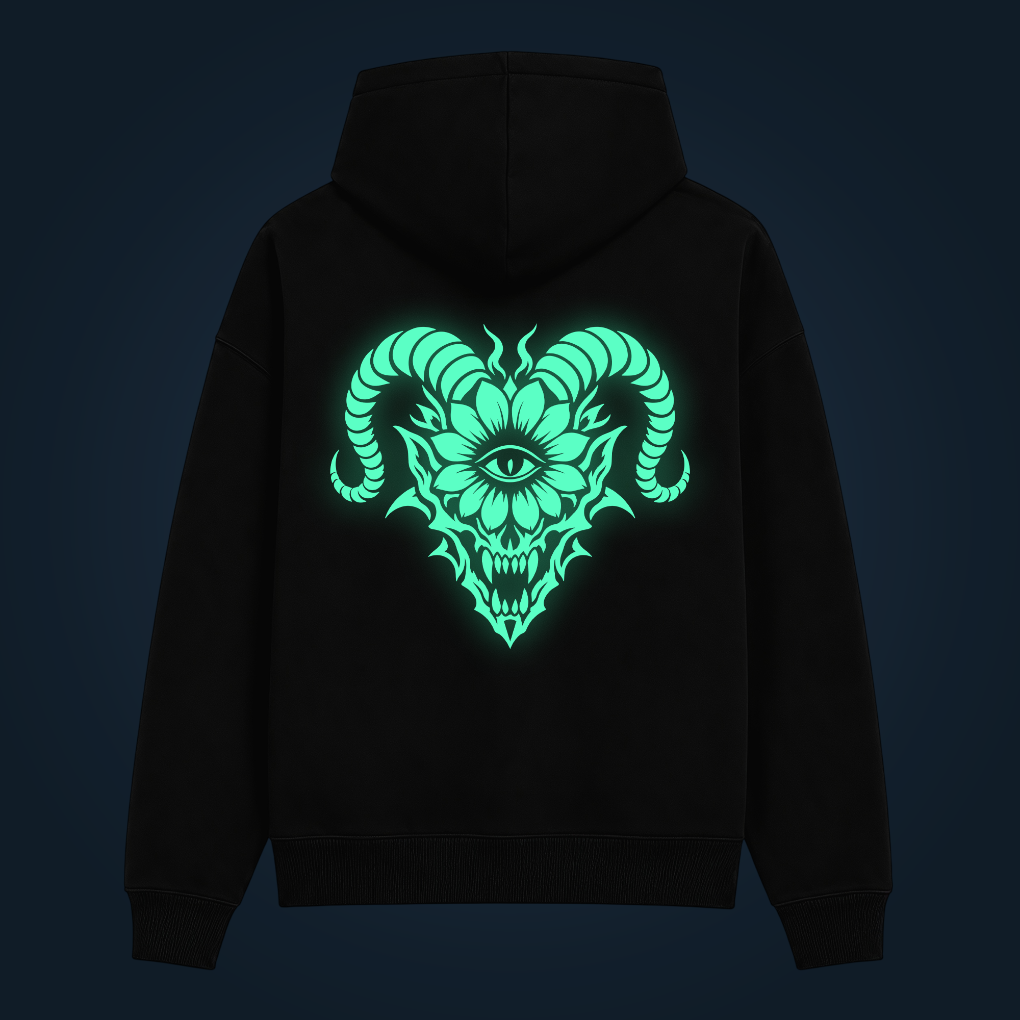 DARK BLOOM hoodie with back print illuminated with green glow