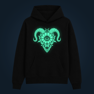 DARK BLOOM hoodie with front print glowing green in the dark